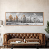 Snowy Forest Landscape, Frosted Pine Trees, Winter Wonderland Scene, Framed Canvas Print, Nordic Minimalist, Holiday Wall Art