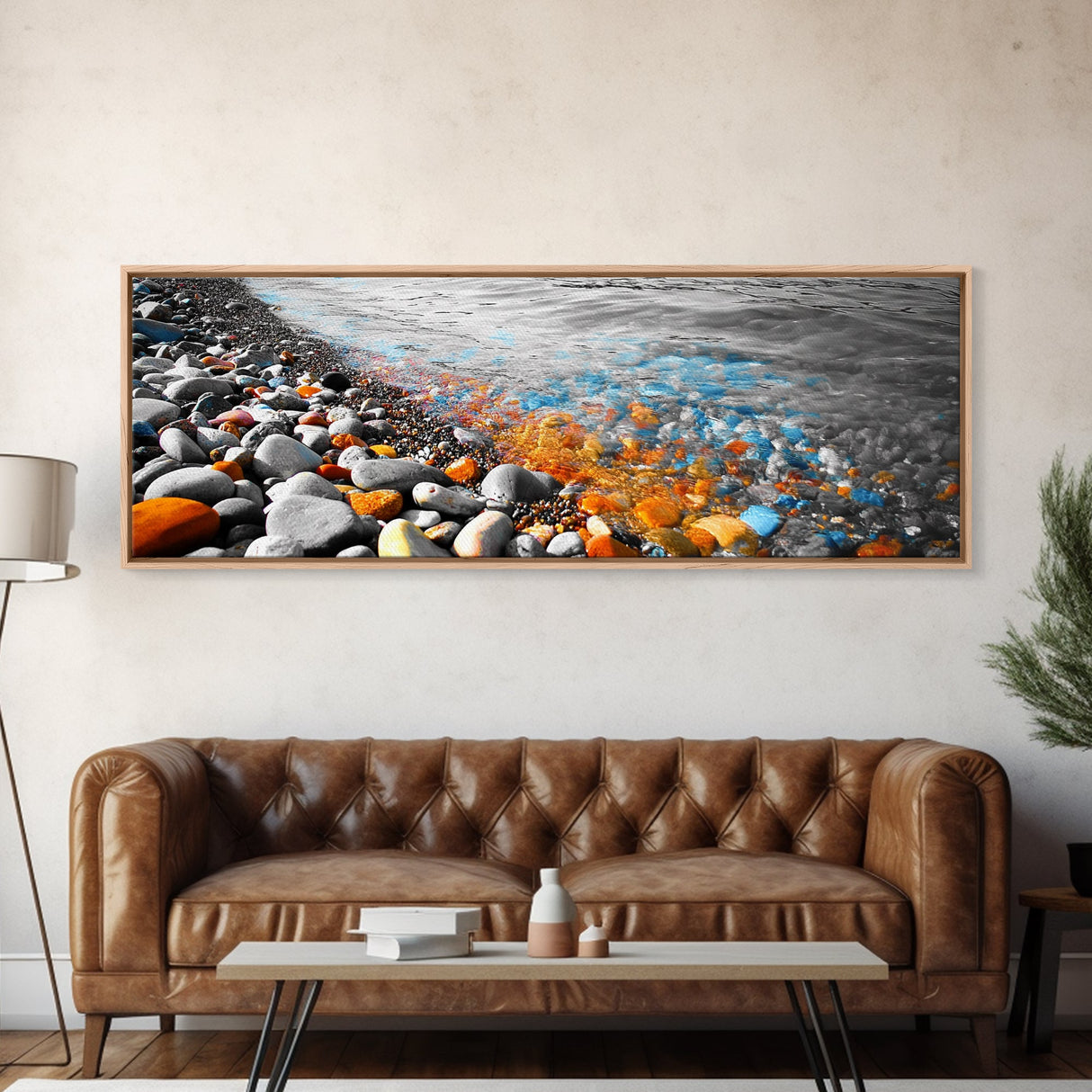 Colorful Pebble Shore, Vibrant Lake Stones, Blue Orange Rocks, Framed Canvas Print, Boho Coastal Style, Bathroom Wall Art
