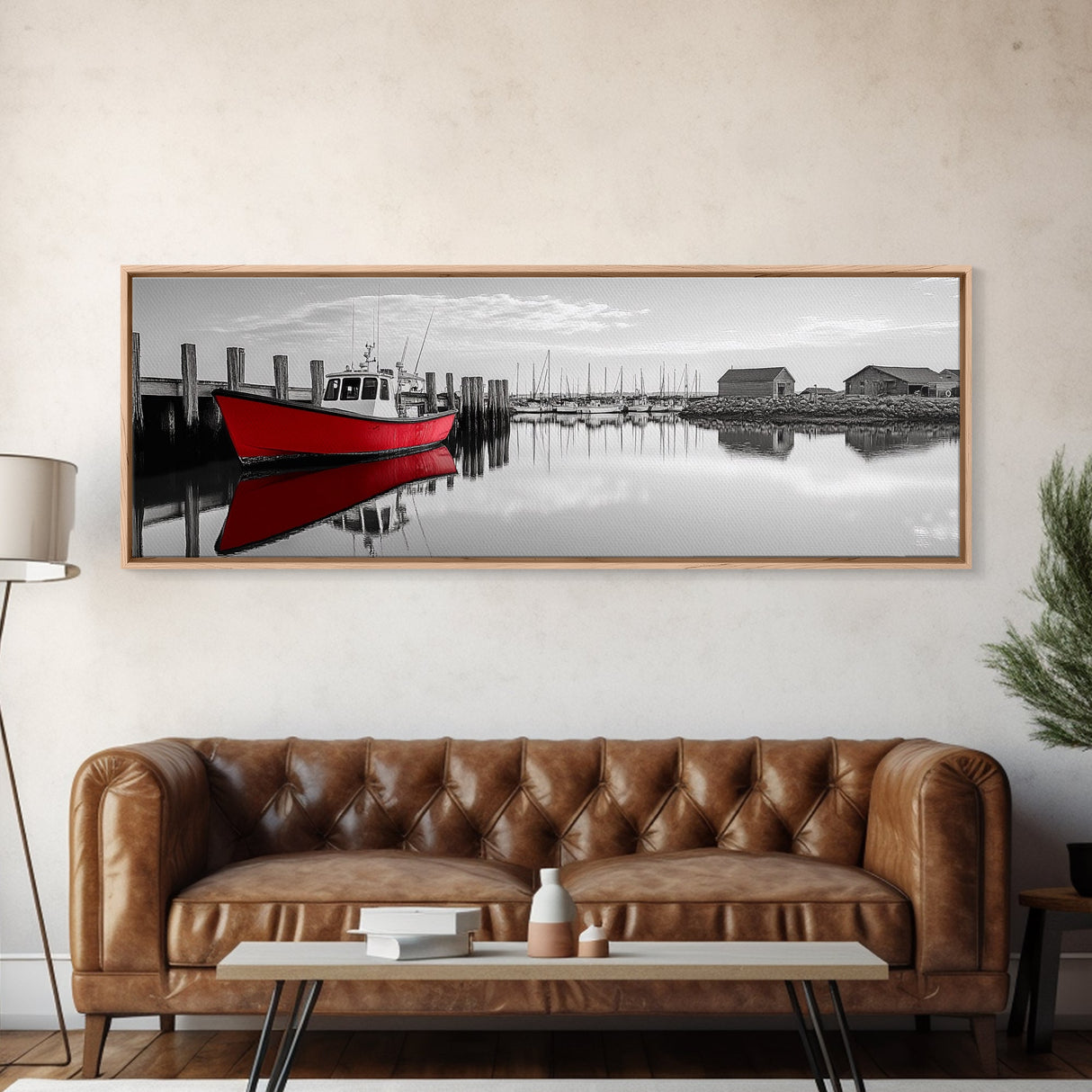 Red Fishing Boat, Harbor Reflection Scene, Calm Dockside Water, Framed Canvas Print, Nautical Art, Living Room Wall Decor