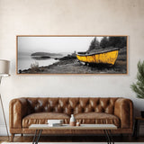 Yellow Rowboat Scene, Misty Coastal Landscape, Abandoned Boat Art, Framed Canvas Print, Rustic Nautical, Office Wall Art