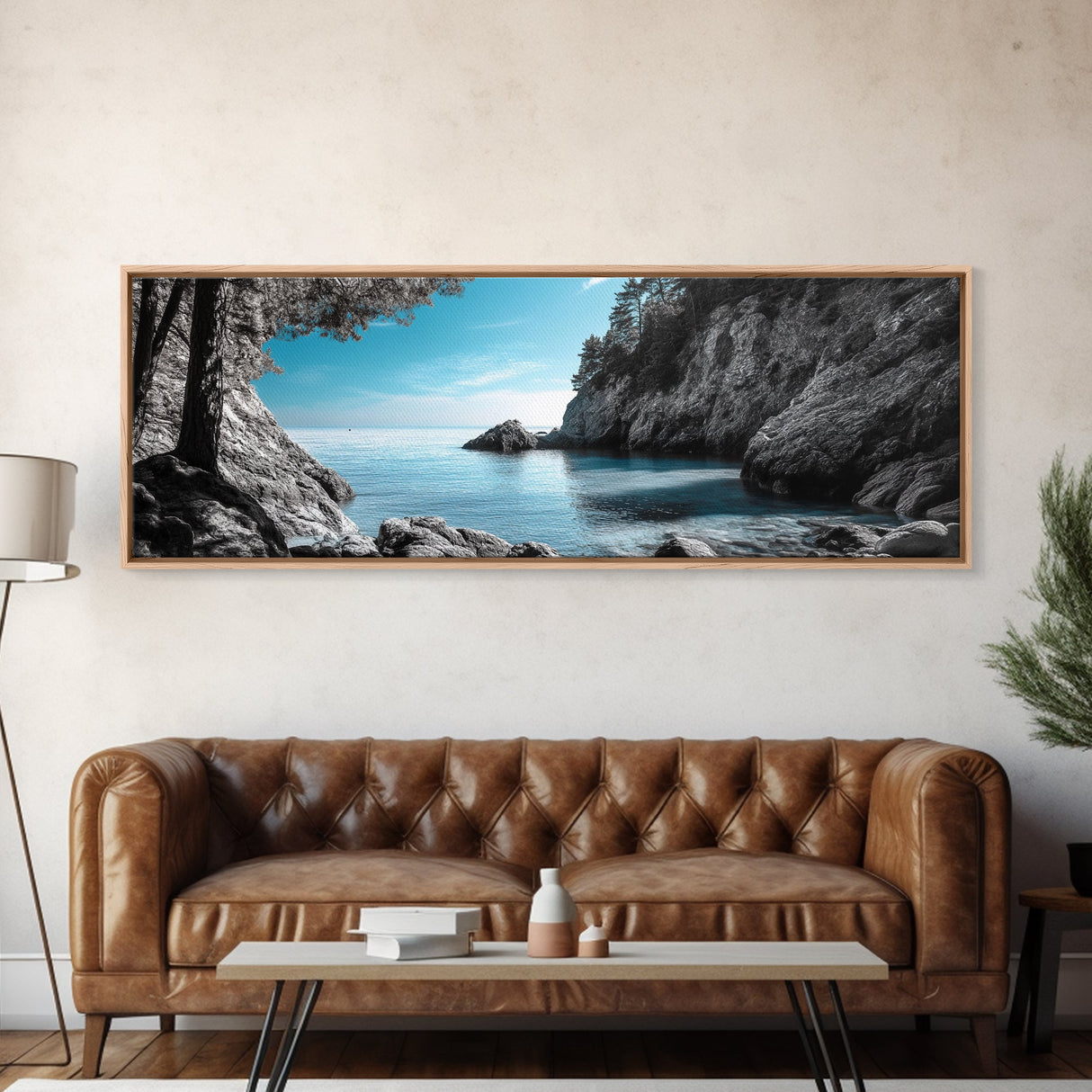 Coastal Cove, Ocean Escape, Blue Seascape, Nature View, Framed Canvas Print, Coastal Wall Decor, Bathroom Art, Nautical Beach Art