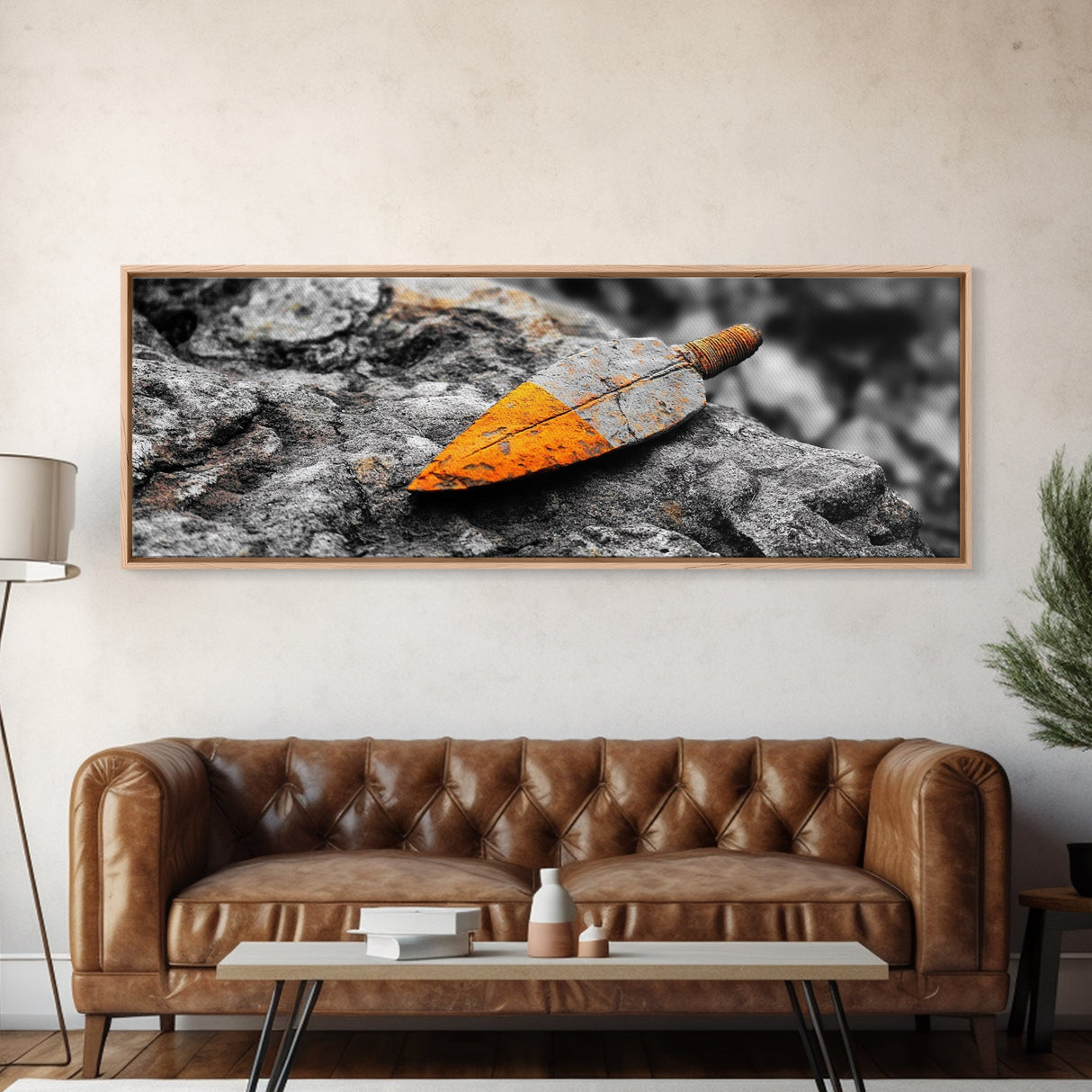 Tribal Blade, Ancient Weapon, Stone Texture, Orange Detail, Framed Canvas Print, Masculine Wall Art, Rustic Decor, Warrior Vibes