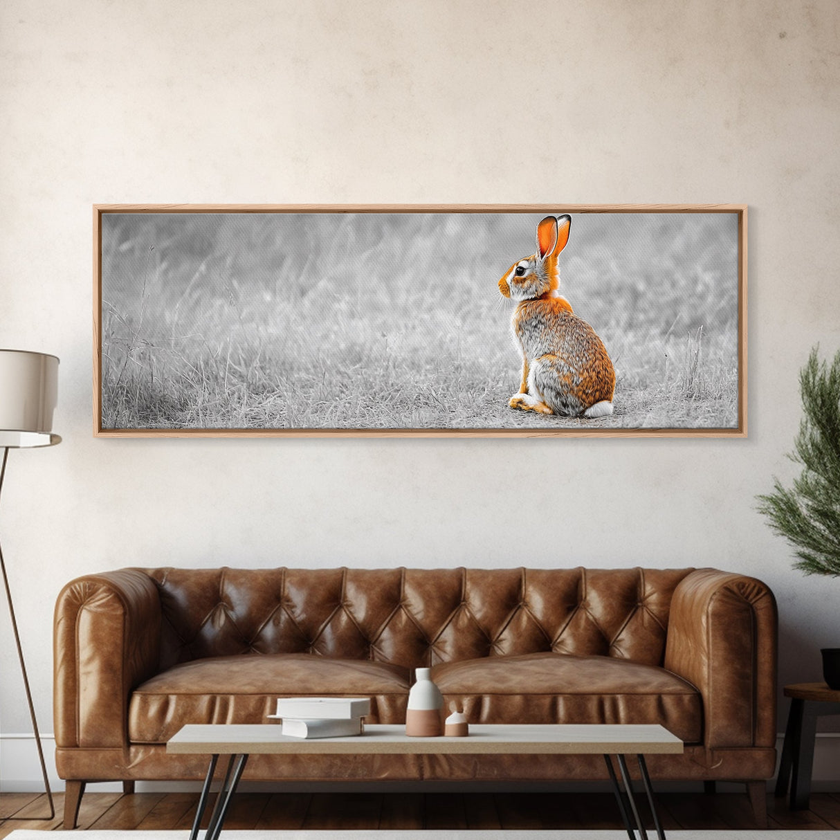 Orange Rabbit, Grass Field, Whimsical Nature, Framed Canvas Print, kids room wall art, nursery animal print, neutral nursery, woodland boho
