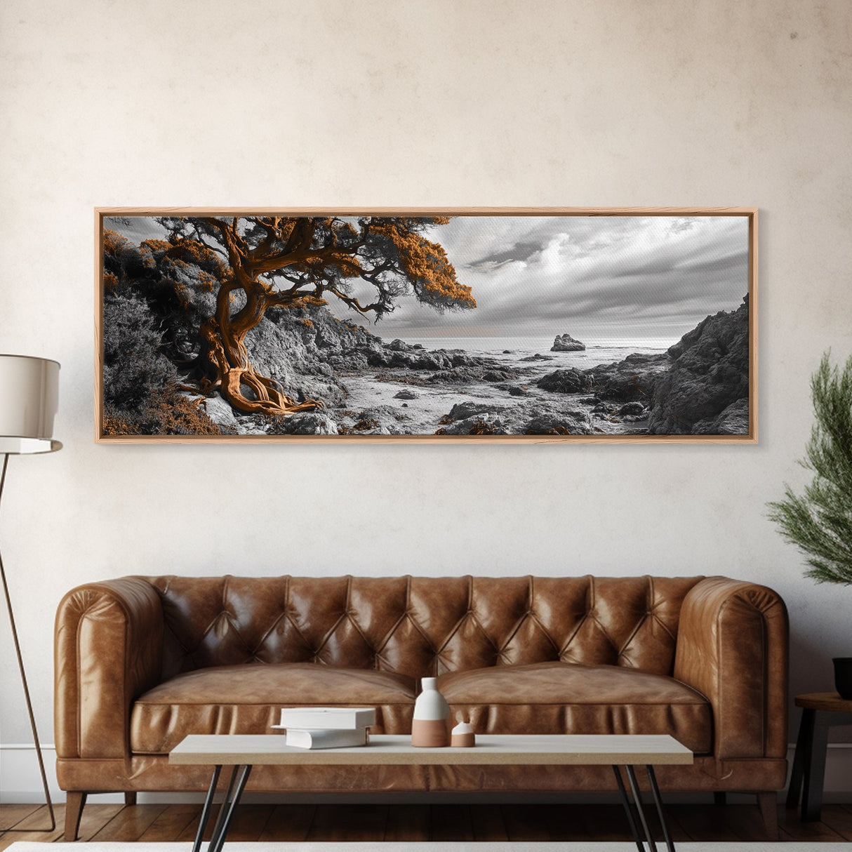 Twisted Tree, Rugged Coast, Autumn Forest, Framed Canvas Print, fall wall art, rustic nature print, living room decor, woodland landscape