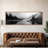 Foggy Pines, Mountain Reflection, Monochrome Wilderness, Canvas Print, black and white wall art, cabin decor, minimalist forest scene