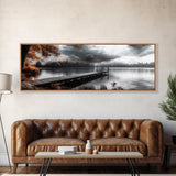 Autumn Lake, Stormy Sky, Wooden Dock, Canvas Print, fall landscape wall art, cozy home decor, cabin style print, orange forest reflections