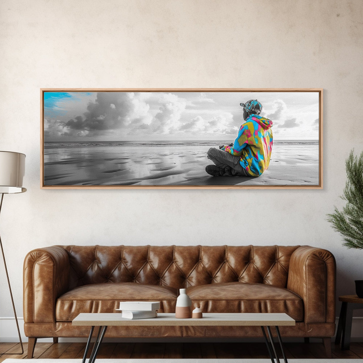 Colorful Hoodie, Peaceful Ocean, Reflective Moment, Street Style, Framed Canvas Print, Boho Wall Art, Teen Bedroom Decor
