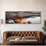 Orange Reflection Lake, Rocky Shoreline, Autumn Forest View, Canvas Print, Nature Photography, Rustic Wall Art, Cabin Living Room Decor