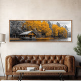 Fall Forest Cabin, Golden Autumn Trees, Riverside Retreat, Framed Canvas Print, Rustic Country Wall Art, Living Room Cabin Decor
