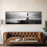 Lighthouse Coastline, Red Beacon, Stormy Sea, Black and White Landscape, Framed Canvas Print, Nautical Decor, Office Wall Art, Modern Style
