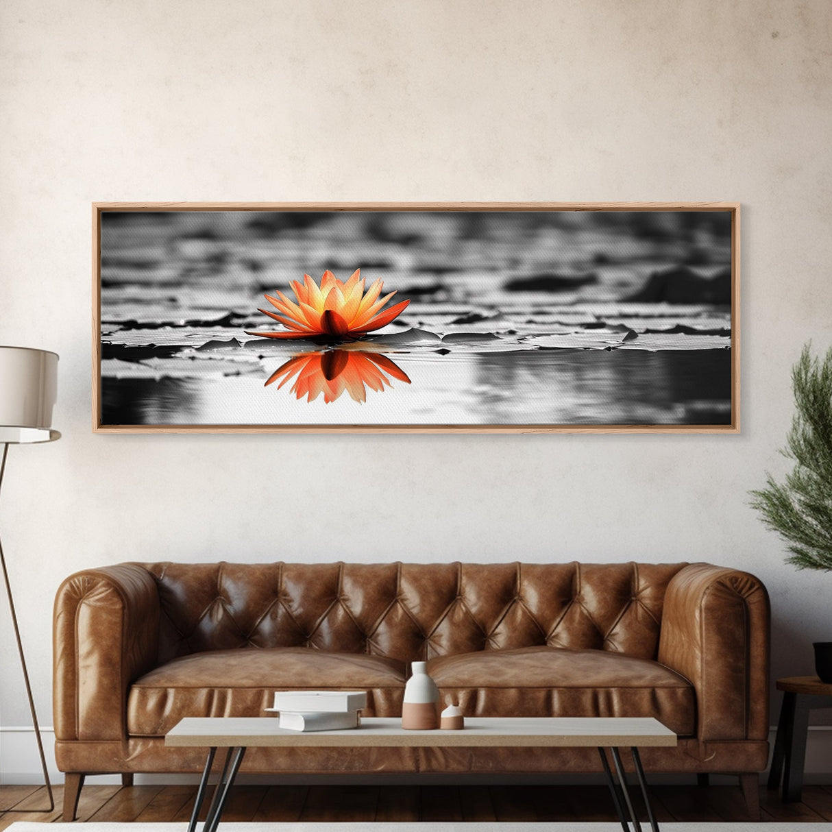 Tranquil Lotus, Zen Water, Orange Glow, Reflective Serenity, Framed Canvas Print, Bedroom Wall Art, Spa Decor, Boho Style, Meditation Vibe
