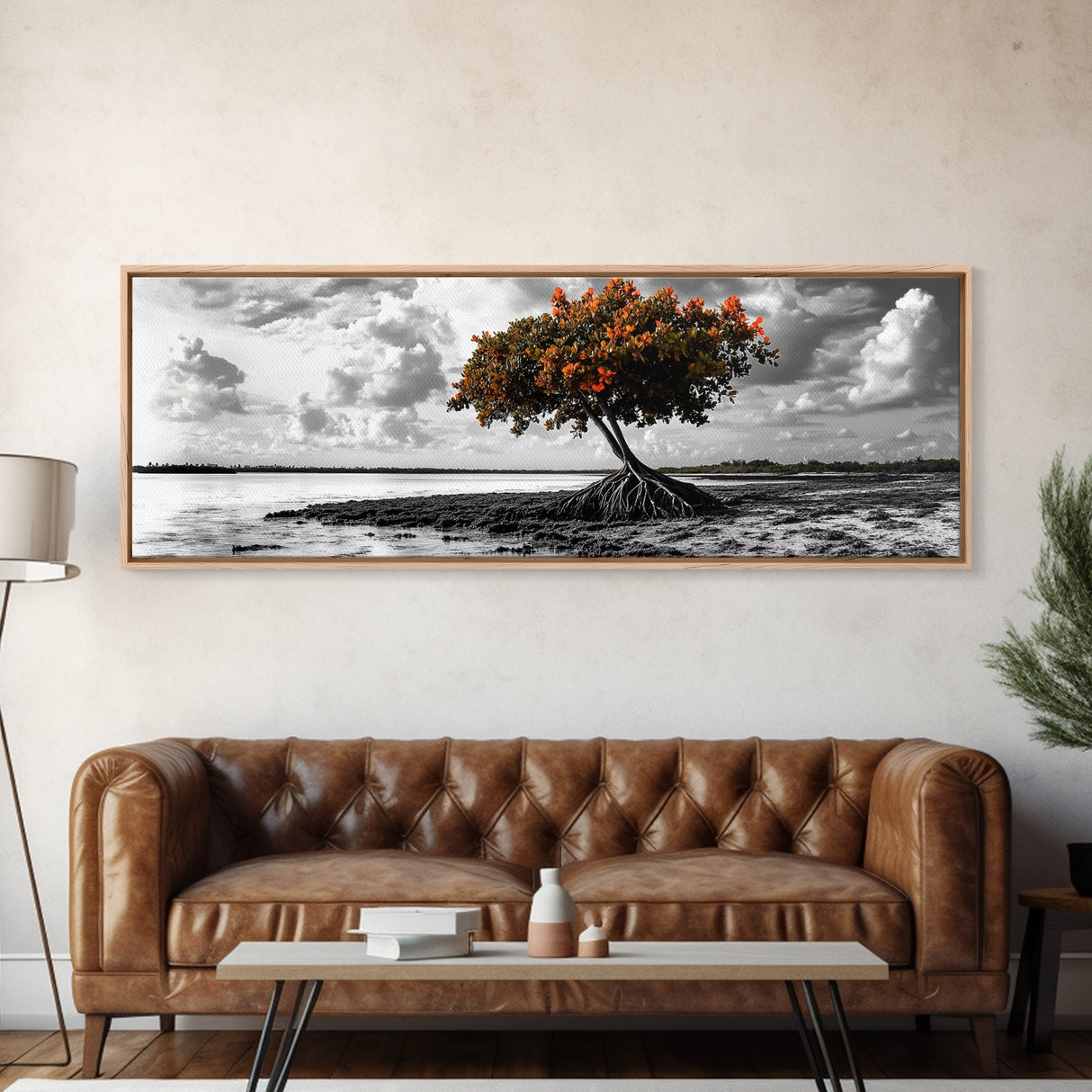 Mangrove Tree, Coastal Roots, Windswept Shore, Stormy Sky, Framed Canvas Print, Entryway Wall Art, Tropical Nature Art, Minimalist Style