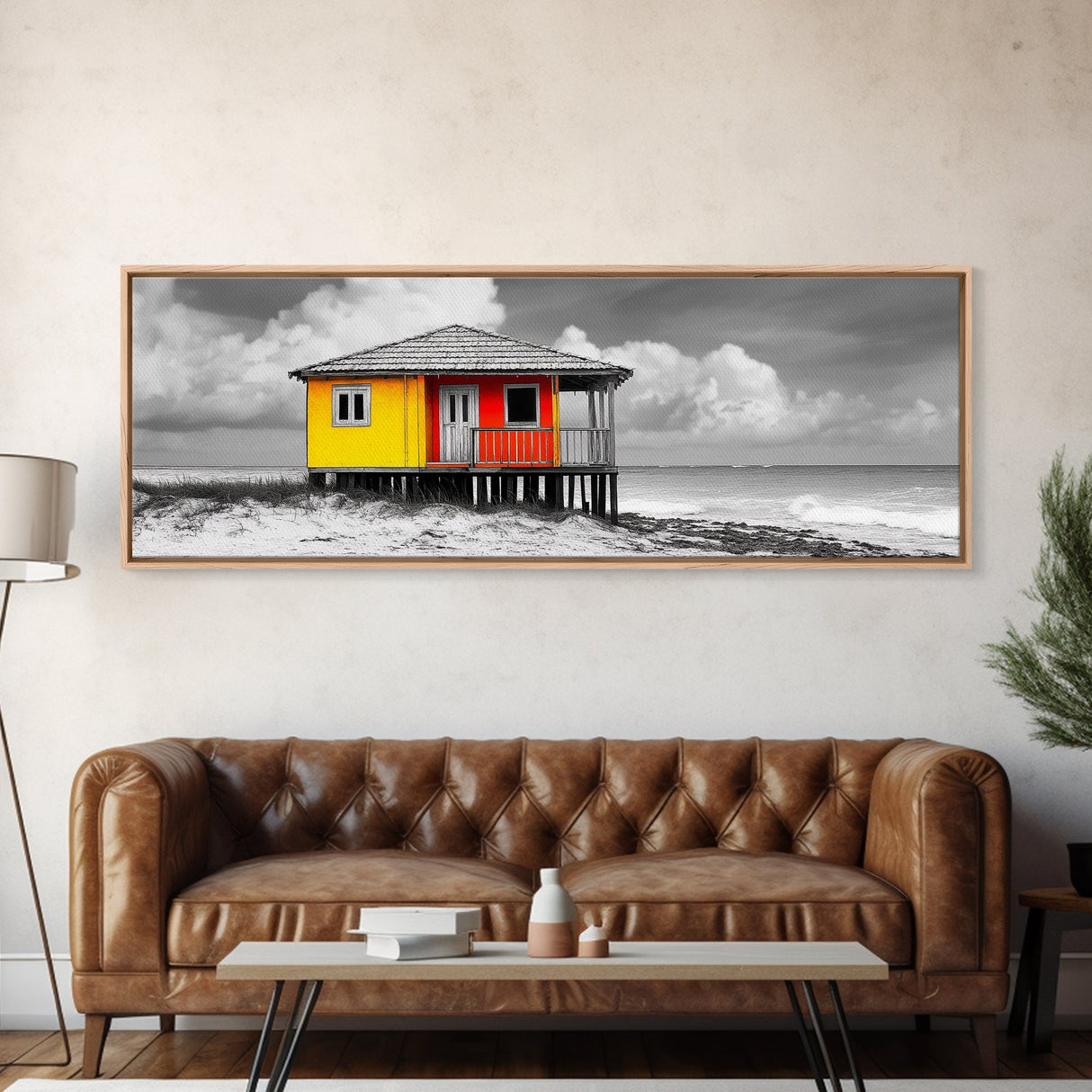 Yellow Cabin, Seaside Shack, Color Pop, Coastal Vibes, Framed Canvas Print, Beach House Wall Art, Bold Nautical Decoretic