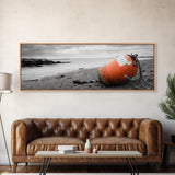 Beach Buoy, Coastal Drift, Orange Marker, Tidal Shore, Framed Canvas Print, Bathroom Wall Decor, Nautical Minimalism, Modern Ocean Art