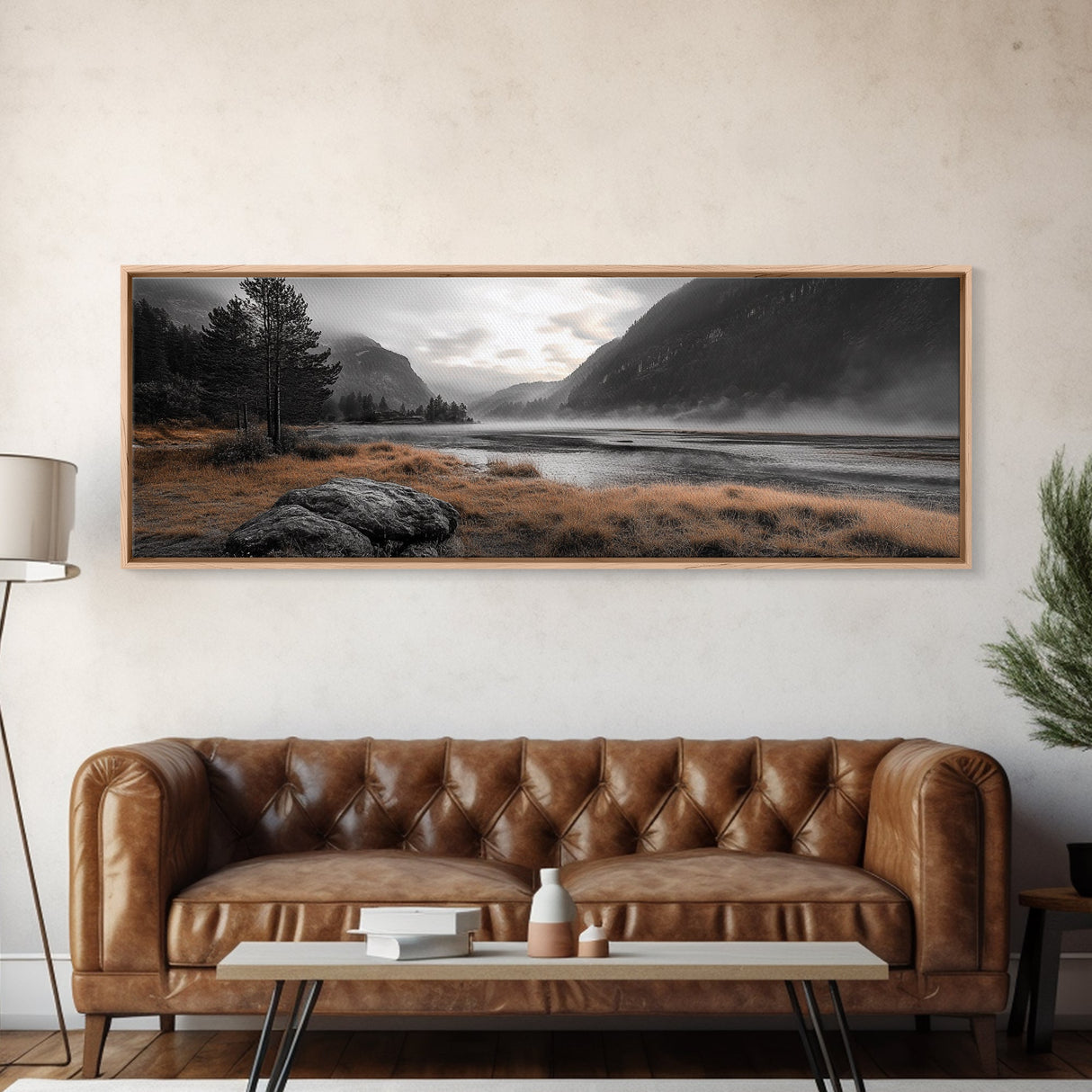 Misty Lake, Mountain Valley, Autumn Morning, Canvas Print, peaceful wilderness scene, rustic cabin decor, cozy nature artwork