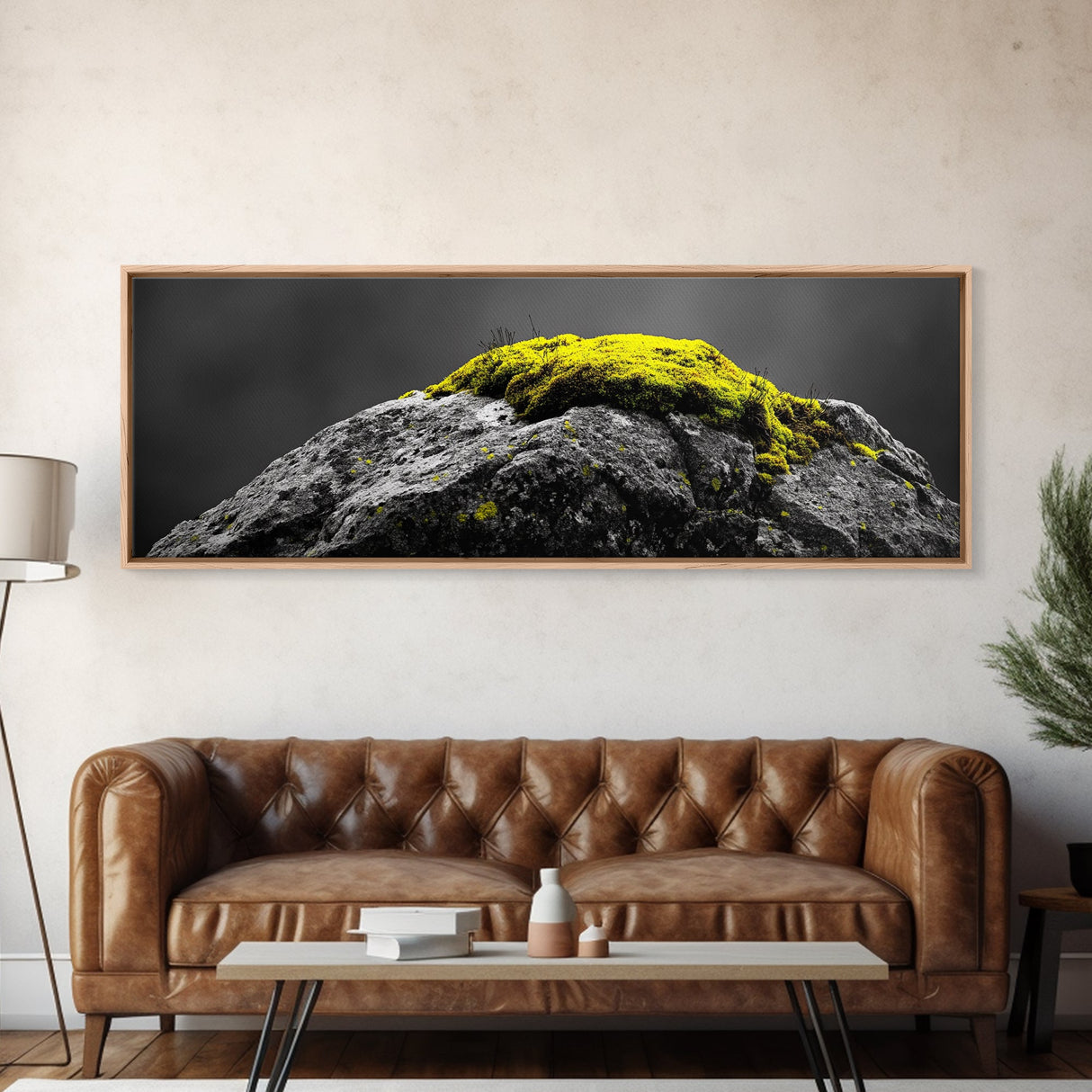 Yellow Moss, Stone Detail, Minimal Nature, Framed Canvas Print, modern zen wall art, earthy bathroom decor, botanical accent
