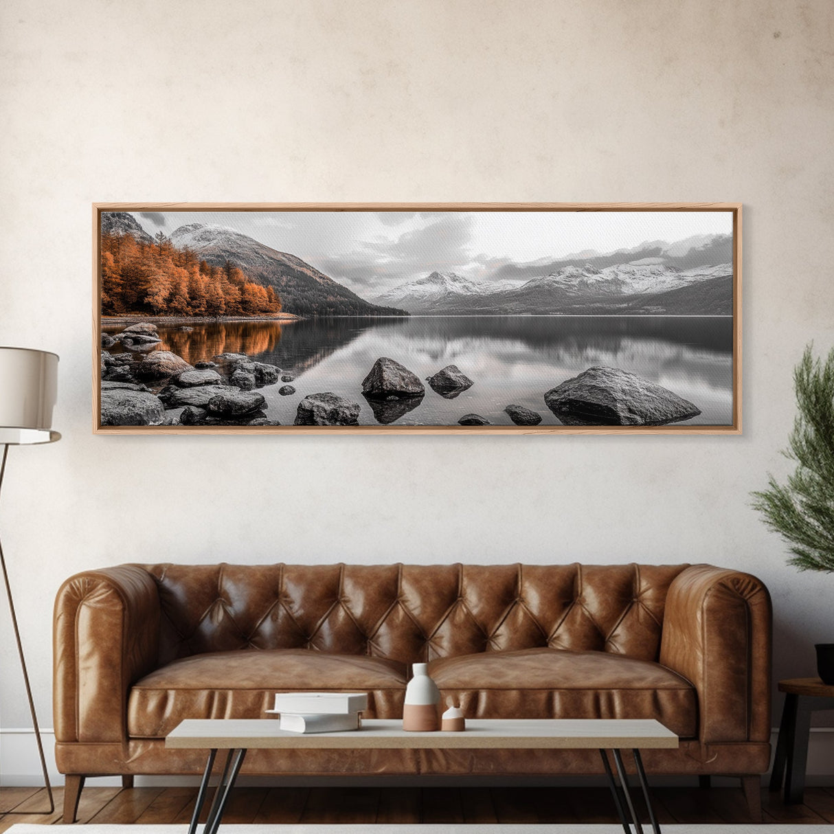 Autumn Lake Reflection, Serene Mountains, Warm Tones, Framed Canvas Print, Fall Home Decor, Rustic Landscape, Cabin Wall Art