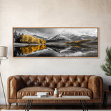 Yellow Autumn Forest, Lake Reflection, Black White Mountains, Canvas Print, Rustic Wall Art, Living Room Nature Scene