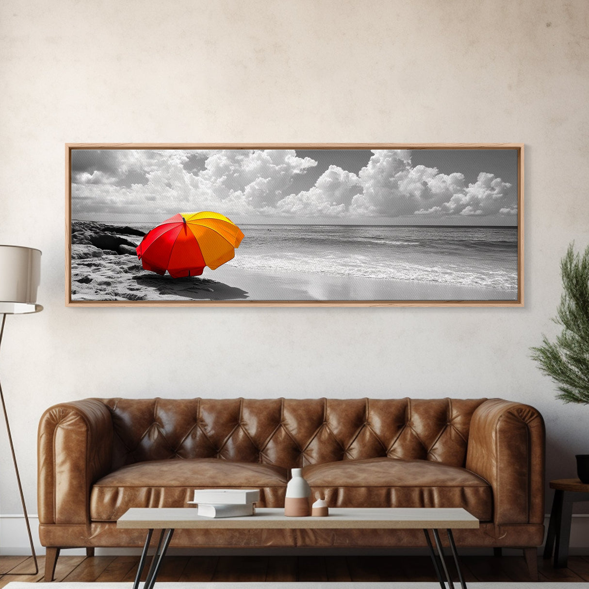 Red Yellow Umbrella, Beach Art, Summer Decor, Modern Coastal Print, Framed Canvas Print, Minimalist Wall Art, Bathroom or Hallway Decor