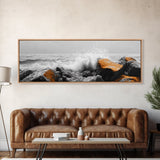 Orange Splash Rocks, Coastal Waves, Sea Spray Art, Canvas Print, Modern Beach Decor, Nature Wall Art, Bold Ocean Landscape