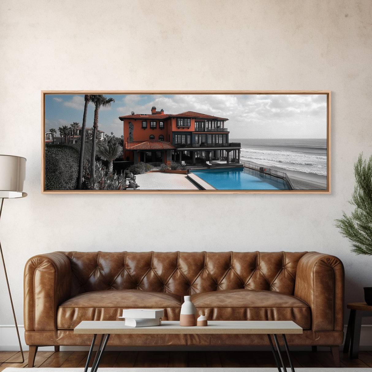 Coastal Villa, Ocean View, Infinity Pool, Sunset Escape, Framed Canvas Print, Beach House Decor, Mediterranean Art, Living Room Wall Art
