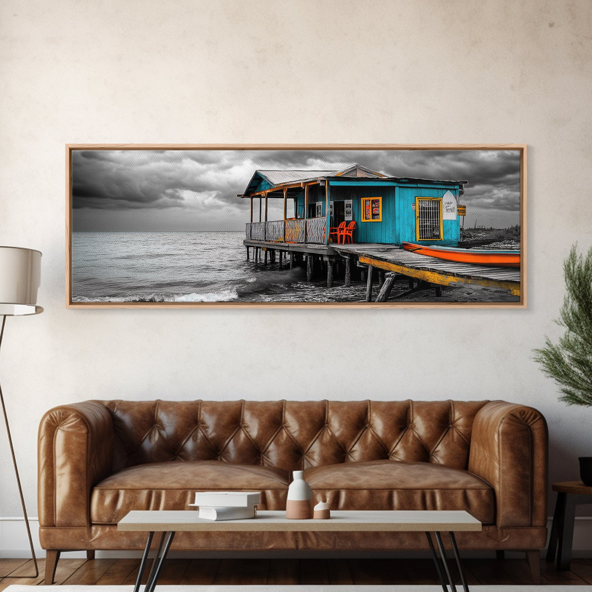 Rustic Shack, Ocean Pier, Stormy Skies, Tropical Retreat, Framed Canvas Print, Nautical Wall Art, Beach Cabin Decor, Lake House Style