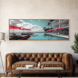 Poolside Escape, Beach Umbrellas, Luxury Retreat, Modern Resort, Framed Canvas Print, Vacation Vibes, Coastal Living, Bedroom Wall Art