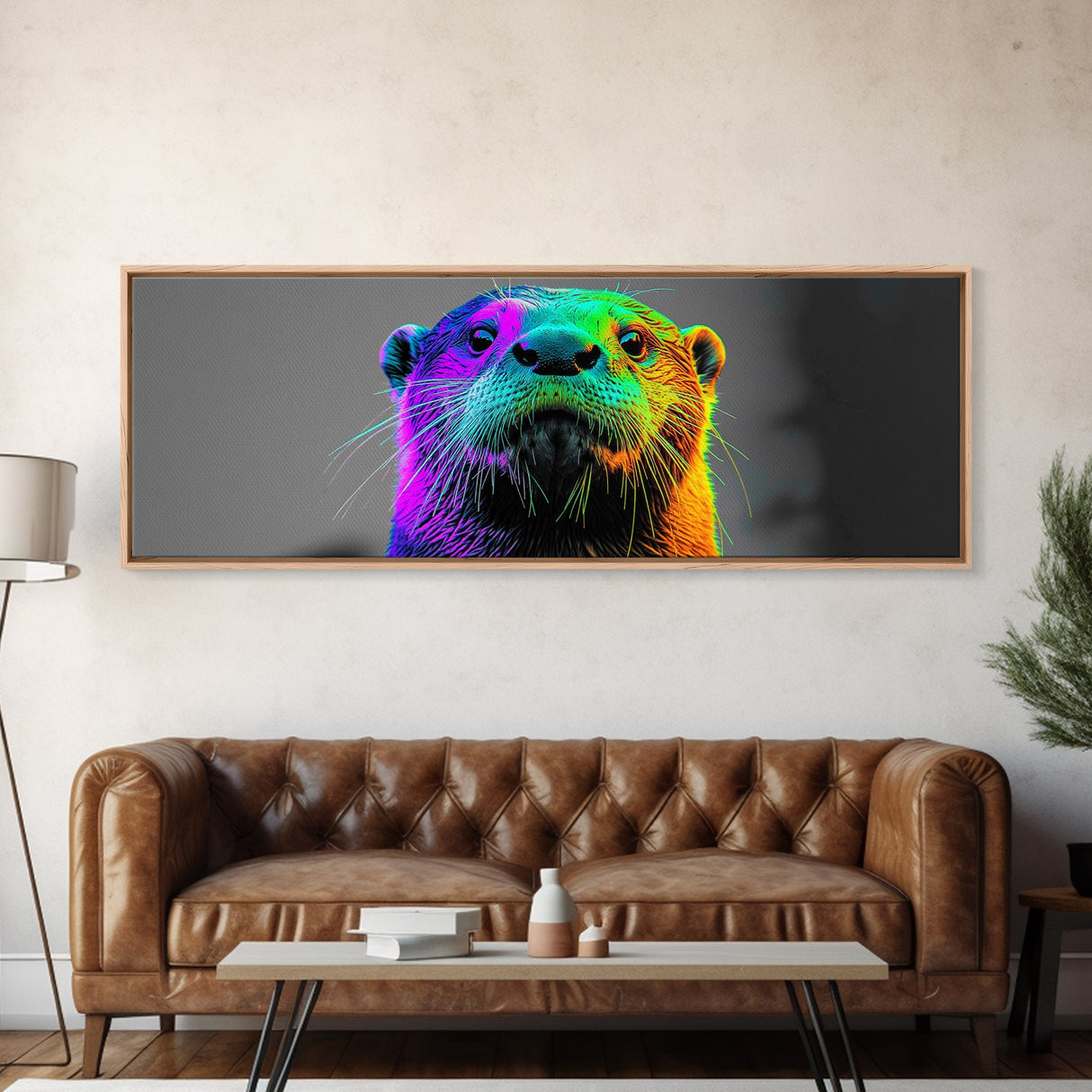 Neon Otter, Rainbow Wildlife, Pop Art Animal, Colorful Creature, Framed Canvas Print, Modern Animal Art, Teen Room Decor, Eclectic Wall Art