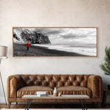 Red Jacket Wanderer, Moody Coastal Cliff Scene, Monochrome Photography, Framed Canvas Print, Modern Minimalist Office Wall Art
