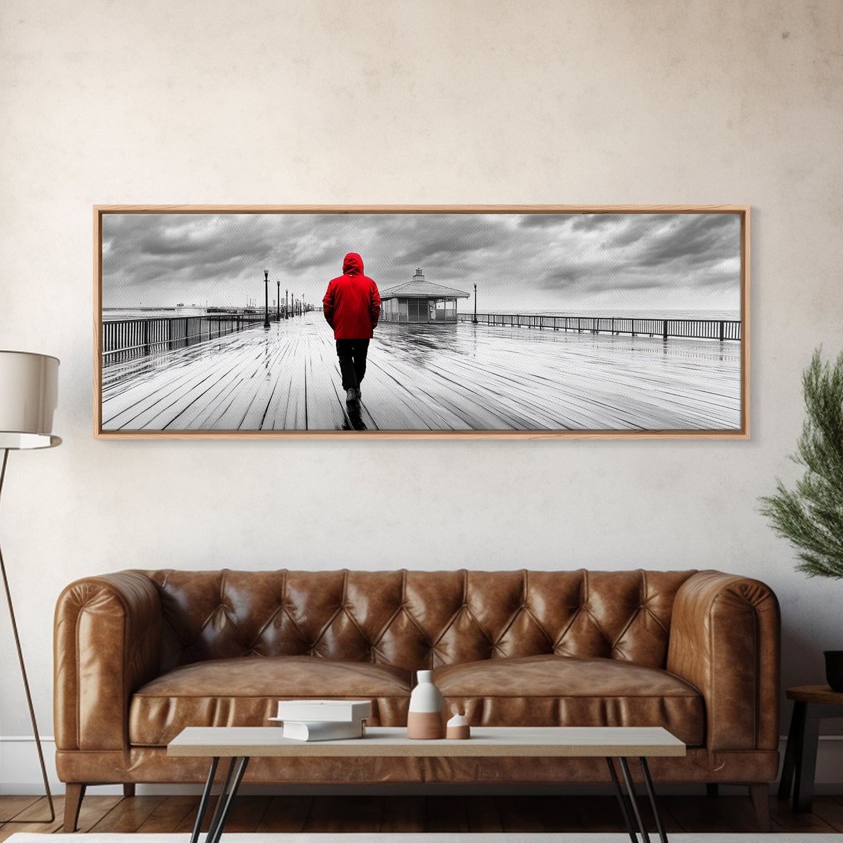 Red Jacket Walk, Rainy Boardwalk Scene, Urban Solitude, Moody Landscape Photography, Canvas Print, Entryway Wall Art, Minimalist Decor