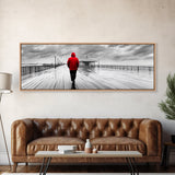 Red Jacket Walk, Rainy Boardwalk Scene, Urban Solitude, Moody Landscape Photography, Canvas Print, Entryway Wall Art, Minimalist Decor