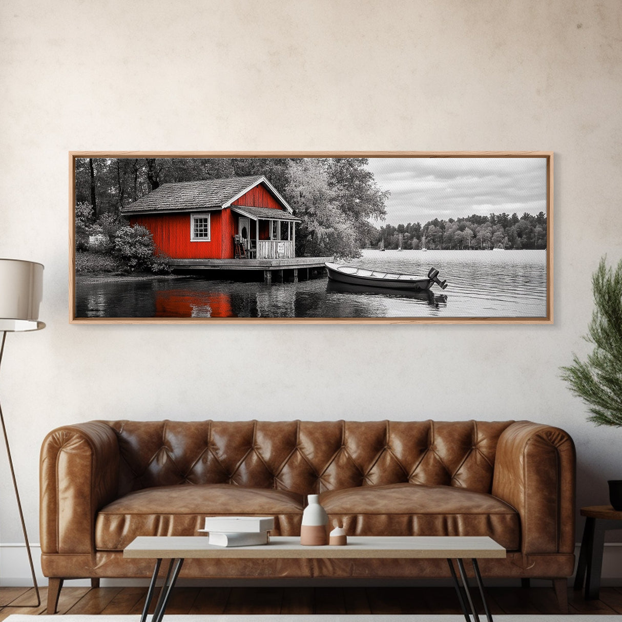 Lakeside Cabin Red, Boat House Retreat, Serene Waterfront, Autumn Color Pop, Canvas Print, Cozy Living Room Wall Art, Nature Home Decor