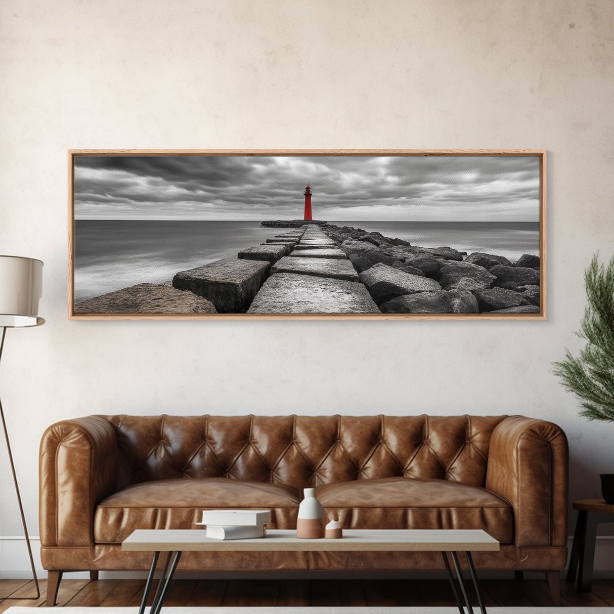 Red Lighthouse Coast, Seaside Rock Jetty, Stormy Sky Mood, Nautical Beacon View, Canvas Print, Bathroom Wall Art, Coastal Modern Decor