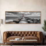 Red Lighthouse Coast, Seaside Rock Jetty, Stormy Sky Mood, Nautical Beacon View, Canvas Print, Bathroom Wall Art, Coastal Modern Decor