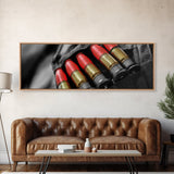 Red Ammo, Tactical Gear, Military Closeup, Rustic Warrior, Framed Canvas Print, Masculine Wall Art, Man Cave Wall Decor