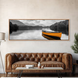 Golden Canoe, Lake Reflection, Tranquil Water, Adventure Scene, Canvas Print, Minimalist Wall Art, Bedroom Landscape, Cabin Decor