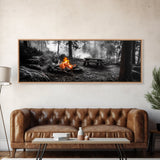 Forest Firepit, Picnic Spot, Smoky Trees, Nature Flame, Canvas Print, Fall Wall Art, Camping Cabin Decor, Rustic Outdoor Style