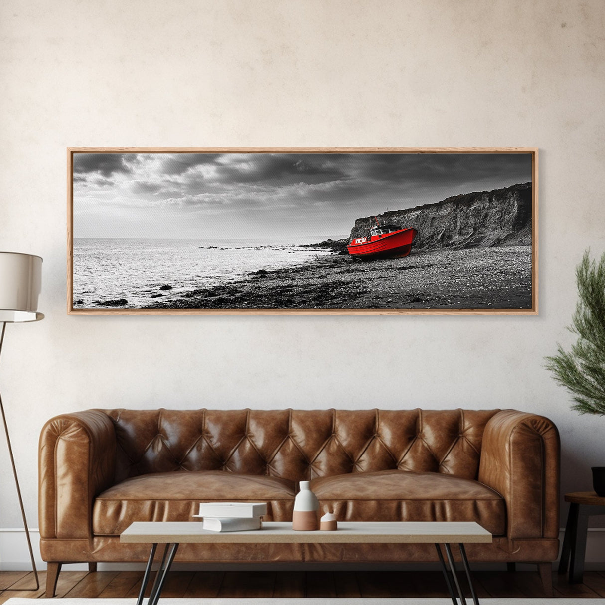 Red Boat, Rocky Shore, Dramatic Sky, Abandoned Vessel, Framed Canvas Print, Nautical Living Room Art, Moody Coastal Home Decor