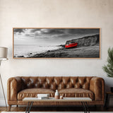 Red Boat, Rocky Shore, Dramatic Sky, Abandoned Vessel, Framed Canvas Print, Nautical Living Room Art, Moody Coastal Home Decor