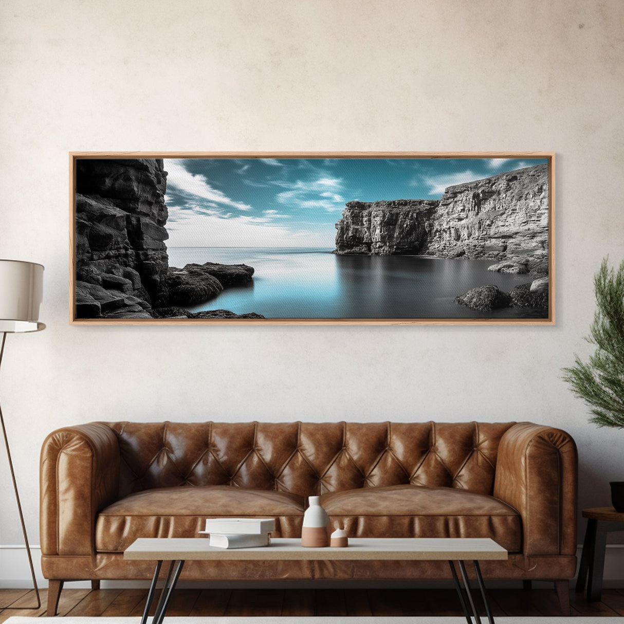 Serene Cove, Cliff Reflections, Blue Water, Coastal Escape, Framed Canvas Print, Tranquil Ocean Art, Bathroom or Spa Wall Decor