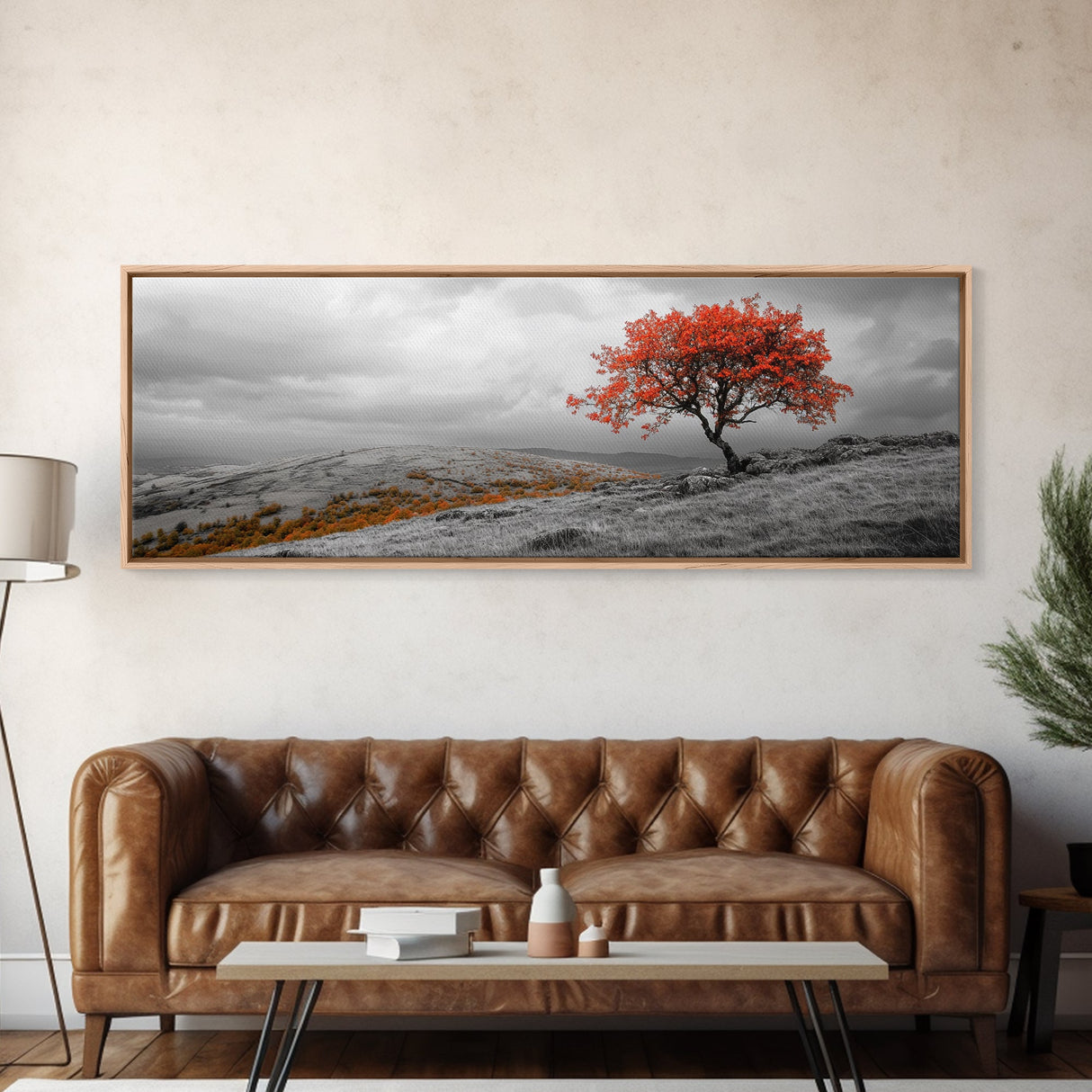 Red Tree, Hilltop Vista, Fall Landscape, Vibrant Nature, Framed Canvas Print, Autumn Wall Art, Living Room Nature Photography