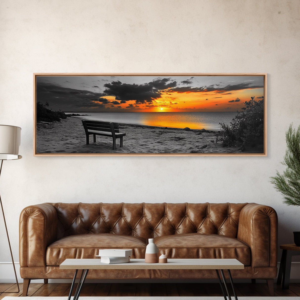 Sunset Beach Bench, Serene Coastal Scene, Solitude View, Framed Canvas Print, Minimalist Wall Art, Living Room, Relaxing Home Decor