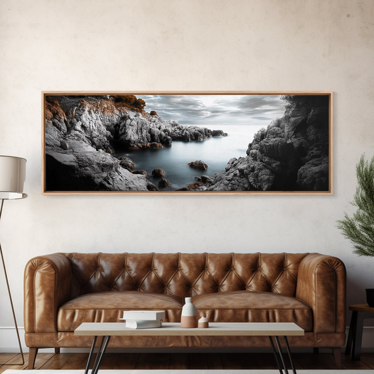 Hidden Rocky Cove, Tranquil Ocean View, Majestic Seascape, Framed Canvas Print, Nature Inspired Wall Art, Bedroom Coastal Decor