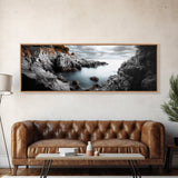 Hidden Rocky Cove, Tranquil Ocean View, Majestic Seascape, Framed Canvas Print, Nature Inspired Wall Art, Bedroom Coastal Decor