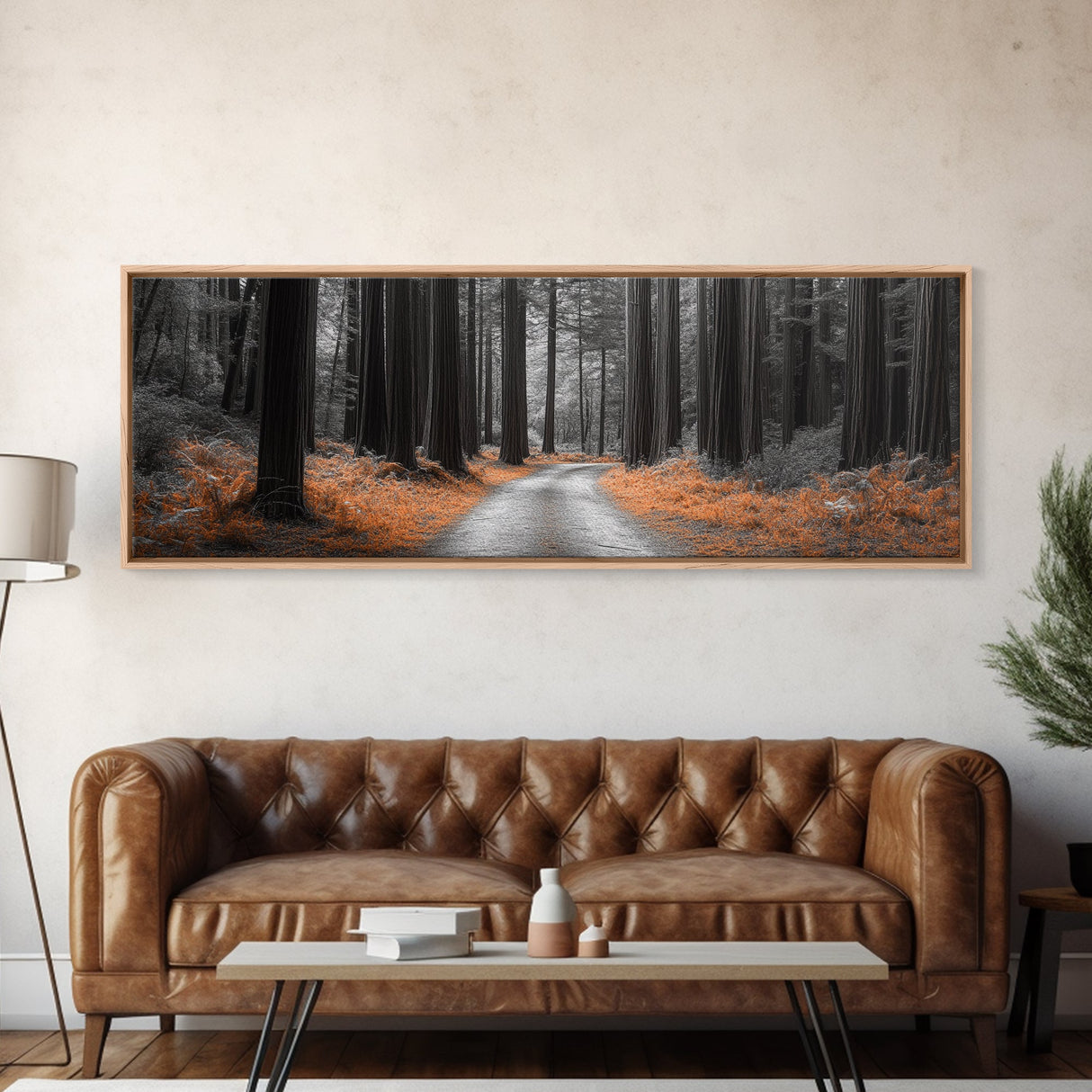 Redwood Forest Path, Serene Nature Trail, Autumn Ground Cover, Framed Canvas Print, Fall Wall Art, Rustic Home Decor, Woodland Scene