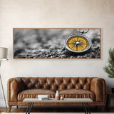 Golden Compass Closeup, Adventure Exploration Theme, Vintage Nautical Design, Framed Canvas Print, Office Wall Art, Travel Lover Gift