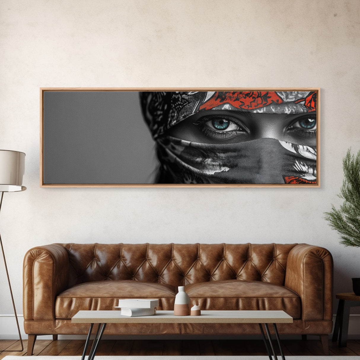 Eyes Closeup, Blue Eyes, Patterned Veil, Mysterious Portrait, Framed Canvas Print, Boho Bedroom Wall Art, Modern Glam Decor