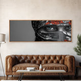 Eyes Closeup, Blue Eyes, Patterned Veil, Mysterious Portrait, Framed Canvas Print, Boho Bedroom Wall Art, Modern Glam Decor