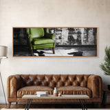 Green Leather Chair, Industrial Urban Scene, Chic Lounge Interior, Framed Canvas Print, Modern Wall Art, Man Cave Office Decor