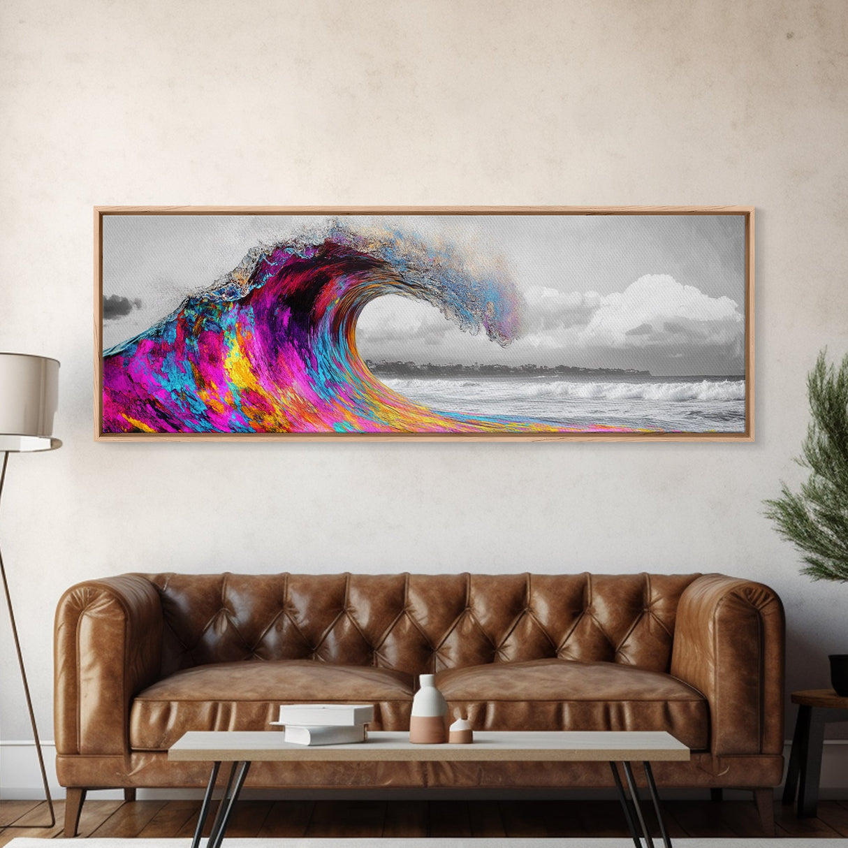Rainbow Wave Curl, Surf Art Explosion, Vibrant Ocean Energy, Framed Canvas Print, Beach House Decor, Colorful Coastal Wall Art